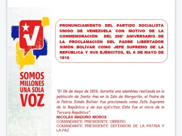 Pronunciamiento del PSUV por la conmemoración del 206º Aniversario de ...