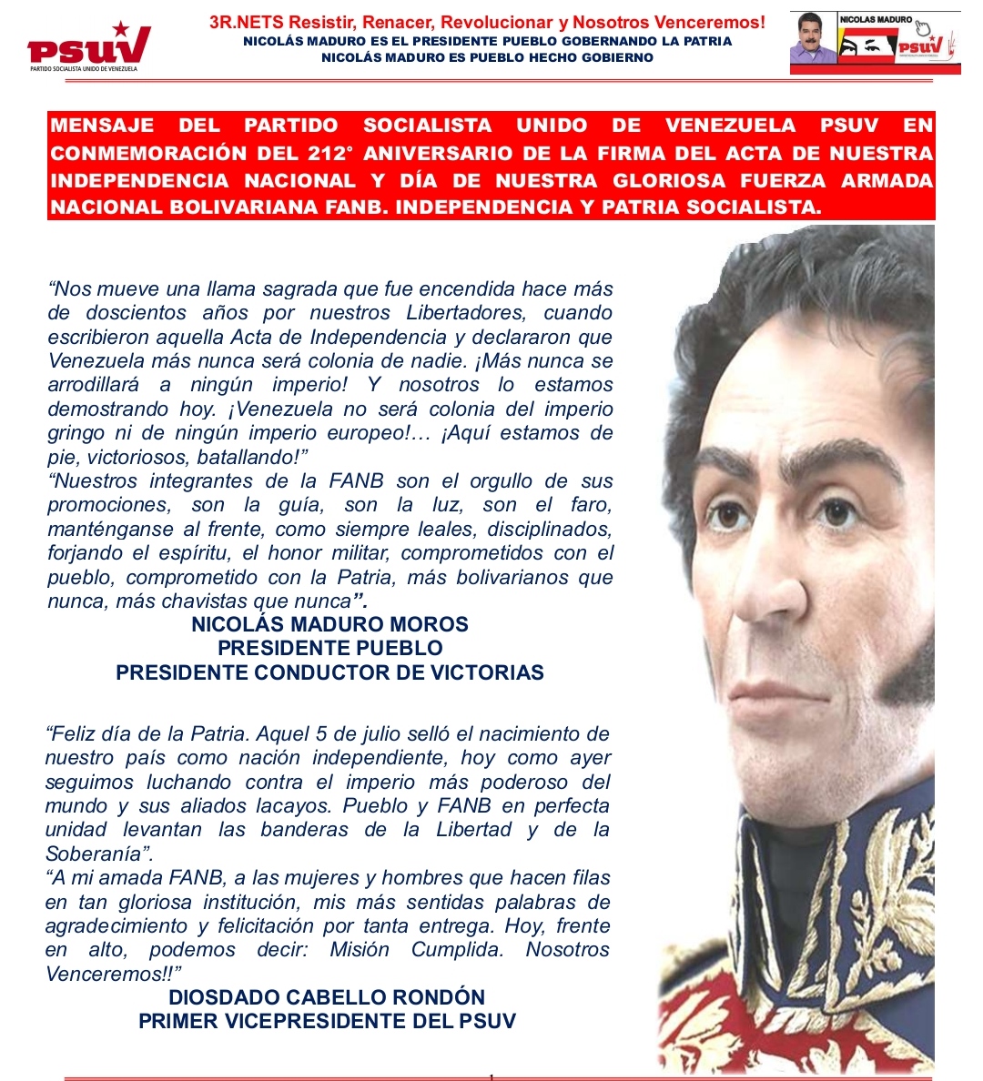 Mensaje del PSUV en conmemoración del 212° aniversario de la Firma del ...